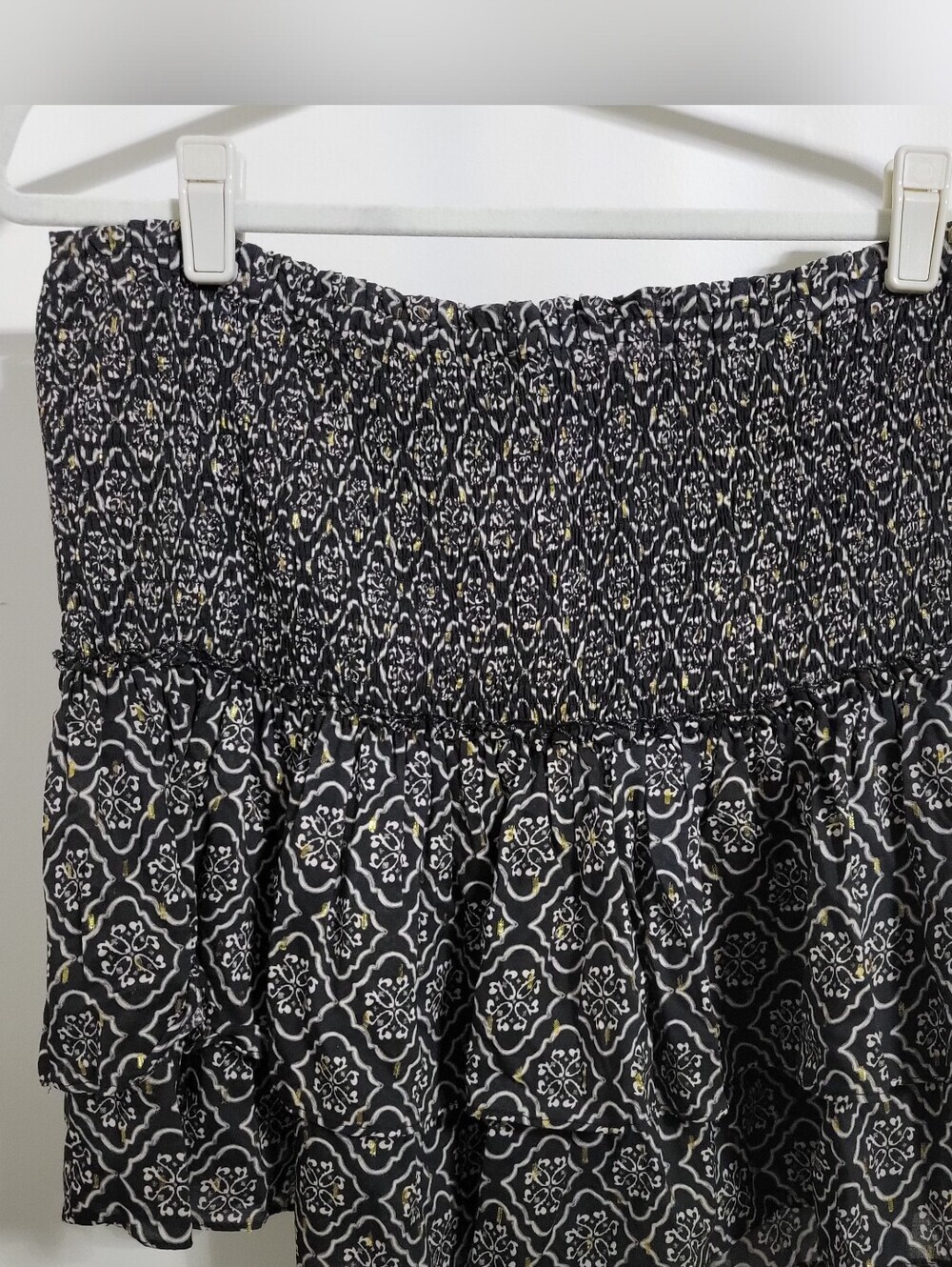 NWT Zara Black Patterned Smocked Tiered Skirt w/ White & Gold Accents US Size XL